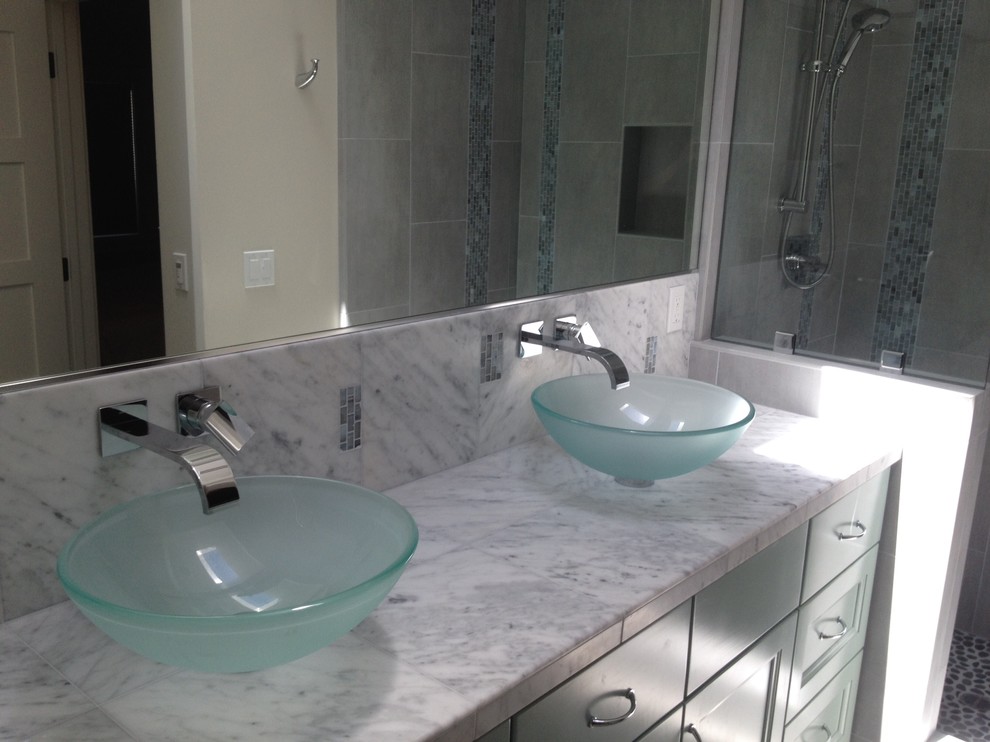 Inspiration for a beach style bathroom in San Francisco with a trough sink and granite benchtops.