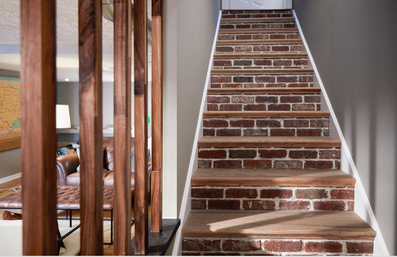 Staircase Makeover Using Floor & Decor Oak Treads and Veneer Brick