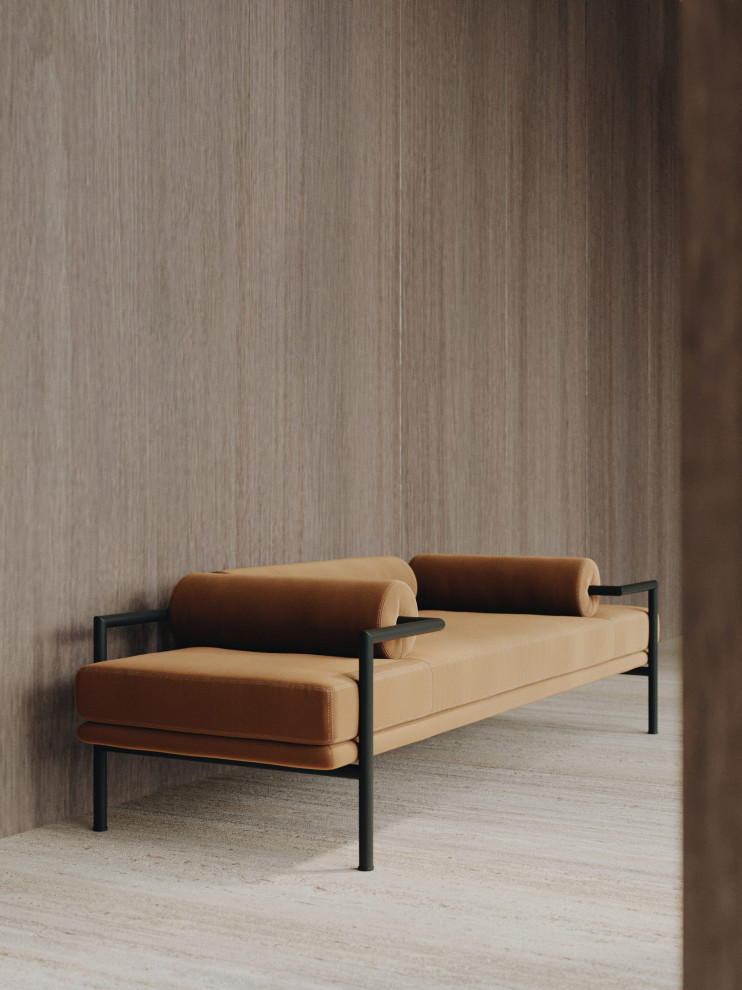 Esempio di un soggiorno minimalista con pareti beige e pavimento beige