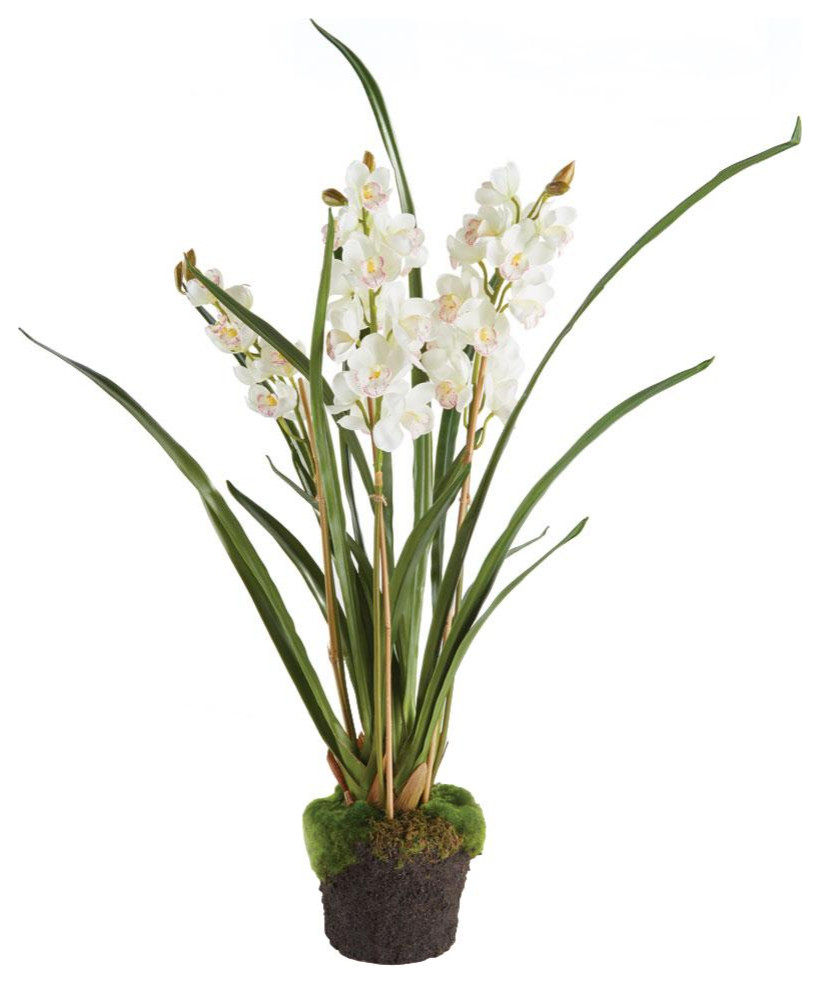 Luxe White Cymbidium Orchid Faux Floral Artificial Plant 36 in Drop In
