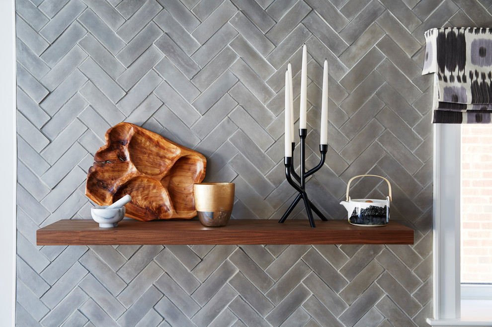 Mid-sized transitional u-shaped open plan kitchen in Toronto with grey splashback and cement tile splashback.