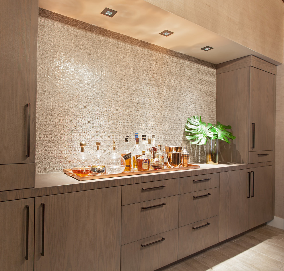 Large contemporary single-wall home bar in Miami with flat-panel cabinets, medium wood cabinets, wood benchtops and brown splashback.