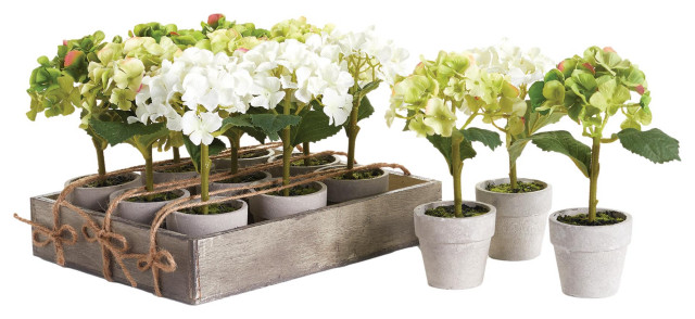 Set 12 Mini Hydrangea Faux Floral Plants in Pots Rustic Gift White Flowers