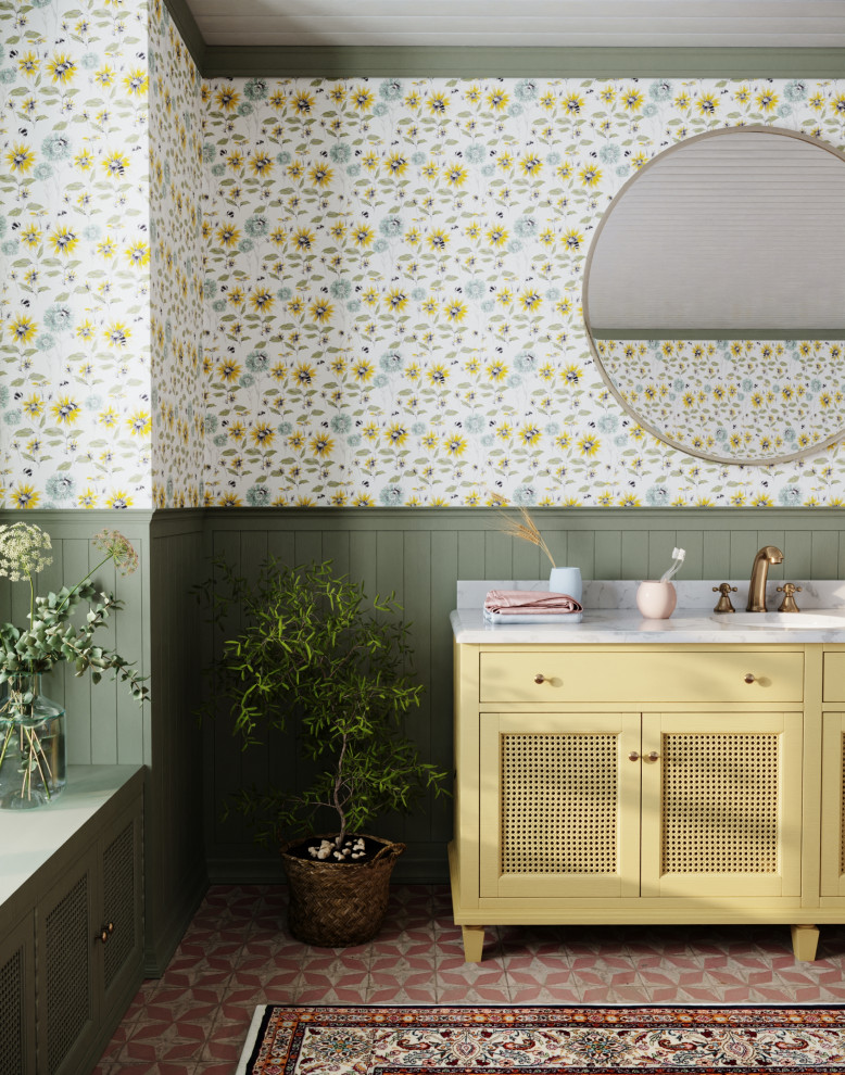 Design ideas for a rural bathroom in Cornwall with wallpapered walls.