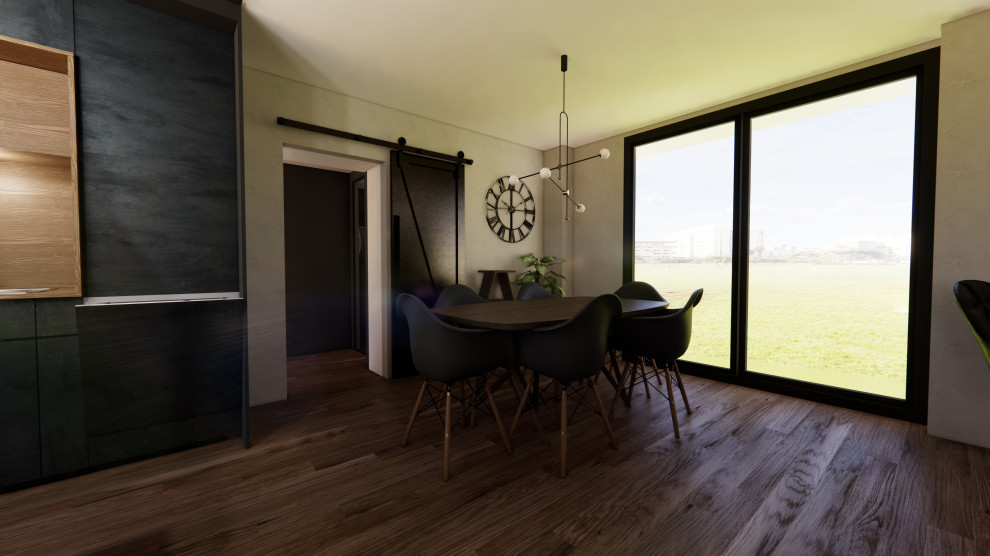Cette image montre une petite salle à manger ouverte sur le salon design avec sol en stratifié, aucune cheminée, un sol marron, verrière et un mur gris.