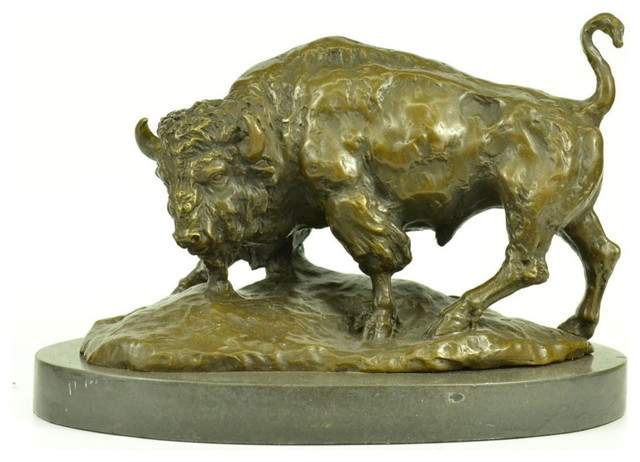 Signed American Buffalo Bull Bronze Sculpture By Barye On Marble Base Figure Art
