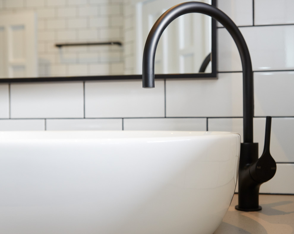 Mid-sized contemporary master bathroom in Melbourne with shaker cabinets, white cabinets, an alcove shower, white tile, ceramic tile, cement tiles, a vessel sink, engineered quartz benchtops, grey floor, an open shower and grey benchtops.