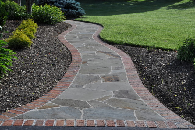 Irregular Flagstone Walkway W Brick Border On Concrete Base Jard n 