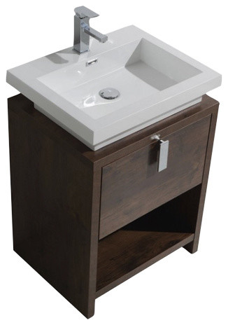 Levi Modern Bathroom Vanity With Cubby Hole, Rosewood, 24"
