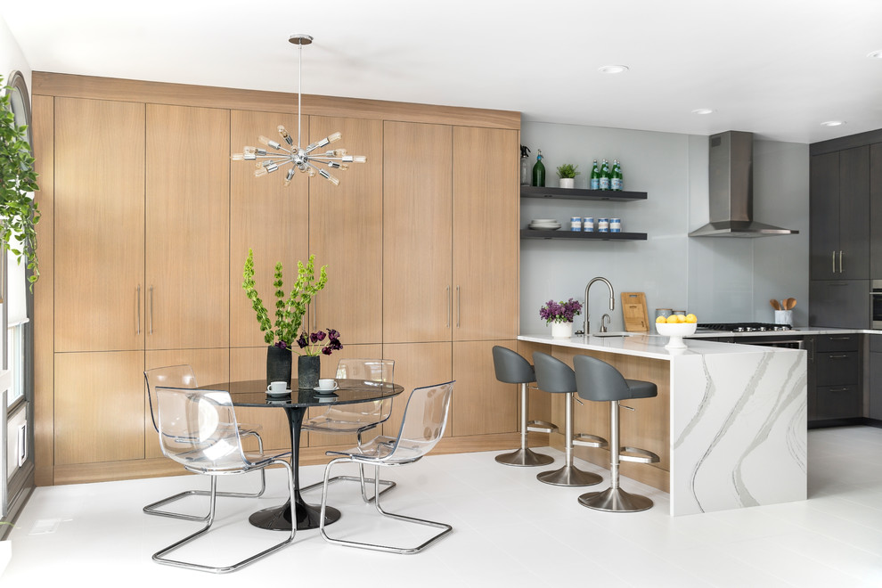 Kitchen/dining room combo - mid-sized contemporary white floor kitchen/dining room combo idea in Chicago with no fireplace