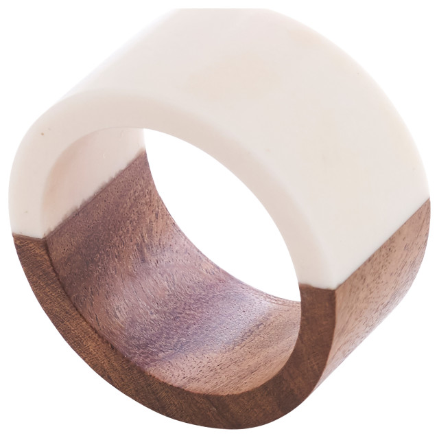Wood and Resin Napkin Rings With Two-Tone Design, White
