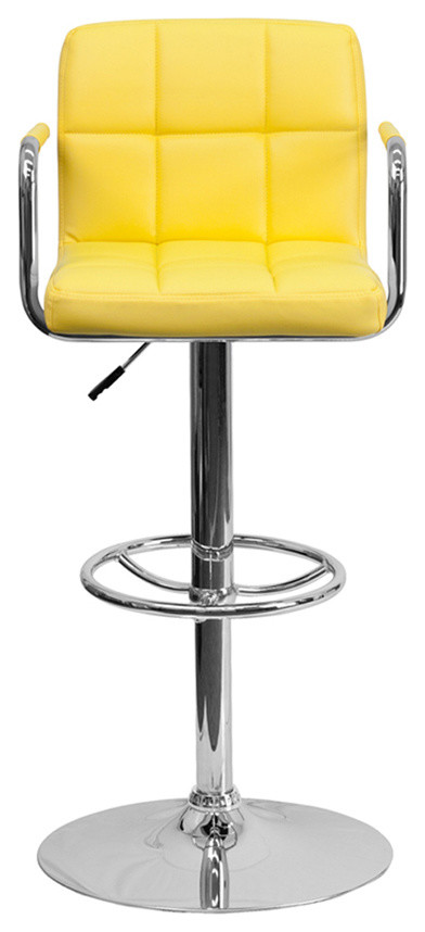 Yellow Quilted Vinyl Adjustable Barstool With Arms and Chrome Base