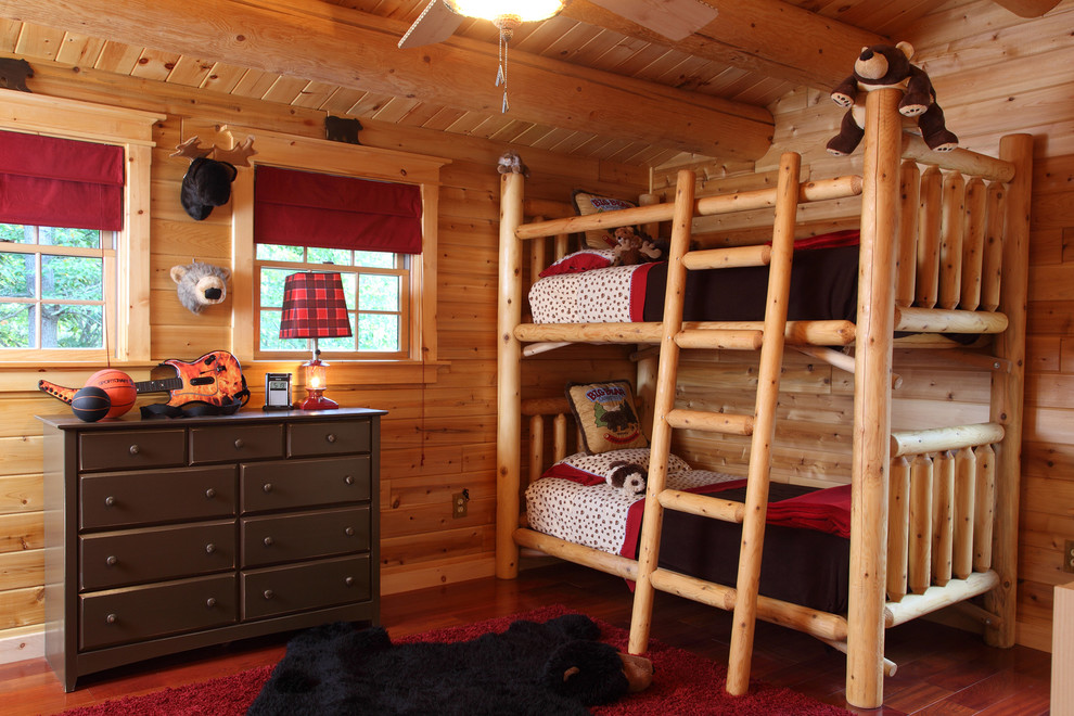 Inspiration for a mid-sized country gender-neutral kids' bedroom for kids 4-10 years old in Manchester with medium hardwood floors and brown walls.