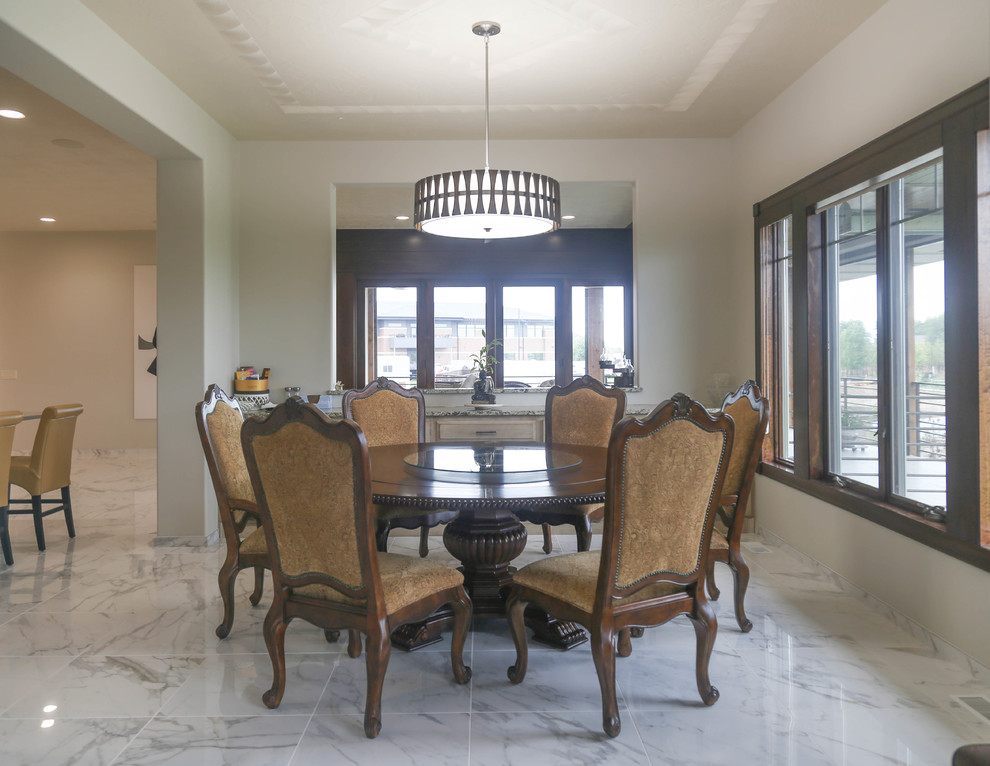 Kitchen/dining room combo - mid-sized transitional porcelain tile and white floor kitchen/dining room combo idea with white walls