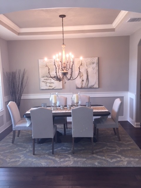 Mid-sized transitional open plan dining in Tampa with beige walls, dark hardwood floors and brown floor.