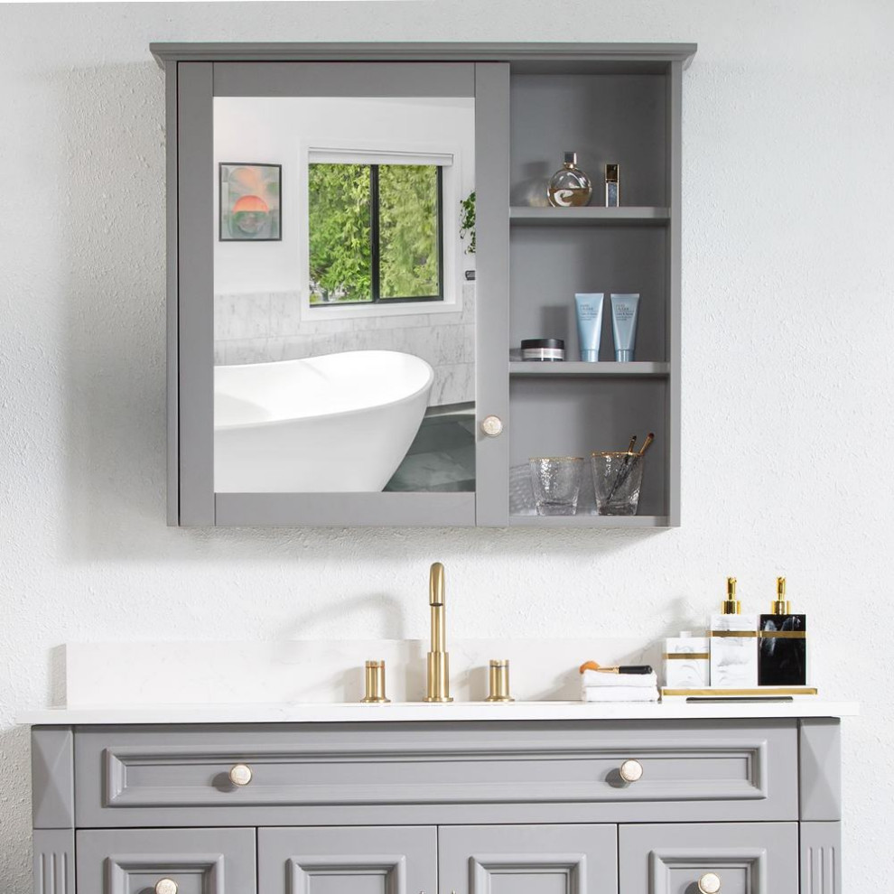 Bathroom Solid Wood Medicine With Silver Coated Mirror, 34"x30