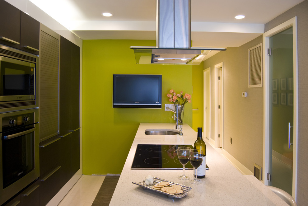 This is an example of a contemporary galley kitchen in DC Metro with a single-bowl sink.