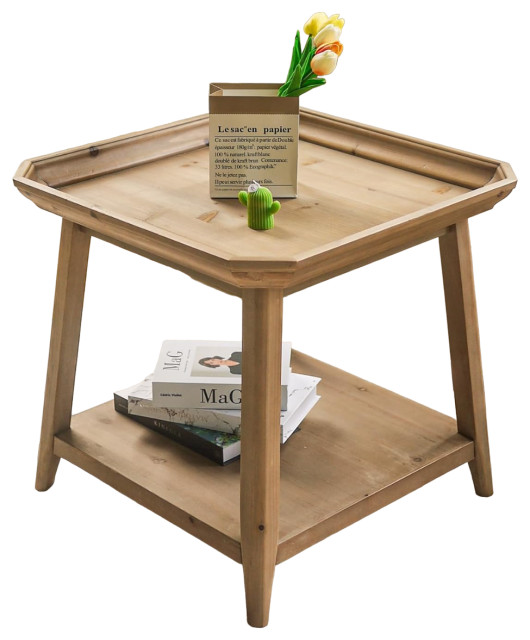 Rustic Farmhouse Side Table, Square Top With Tray Like Raised Edges