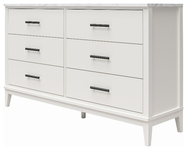 Pemberly Row Wide 6 Drawer Dresser in White w/ White Marble Top