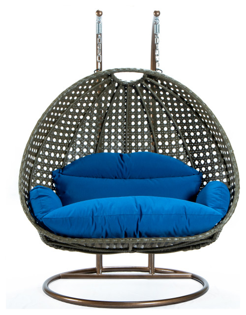 2 Person Beige Wicker Double Hanging Egg Swing Chair, Blue