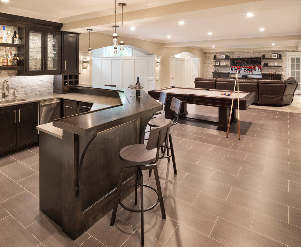 Inspiration for a large transitional look-out porcelain tile and brown floor basement remodel in Chicago with beige walls and no fireplace