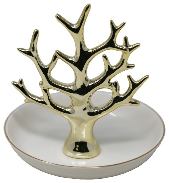 Decorative Ceramic Tree Ring Holder with Trinket Tray, White and Gold