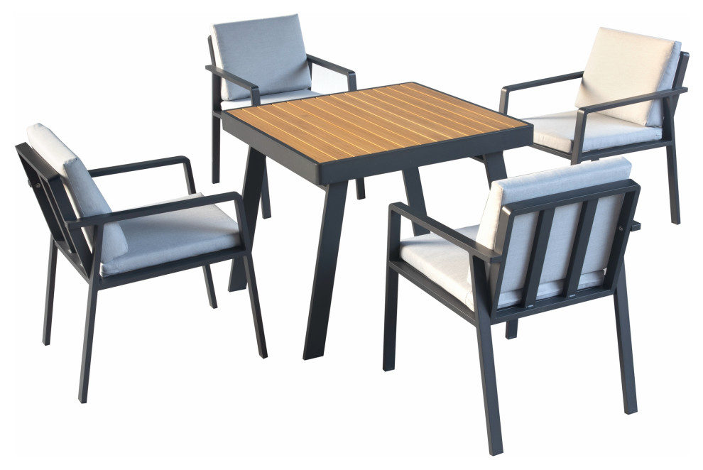 Higold 4+1 Piece Outdoor Aluminum Patio Dining Set with Teak Finish Table Contemporary