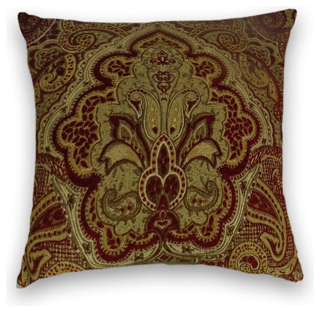 Red Gold Chenille Ikat Throw Mediterranean Decorative Pillows by