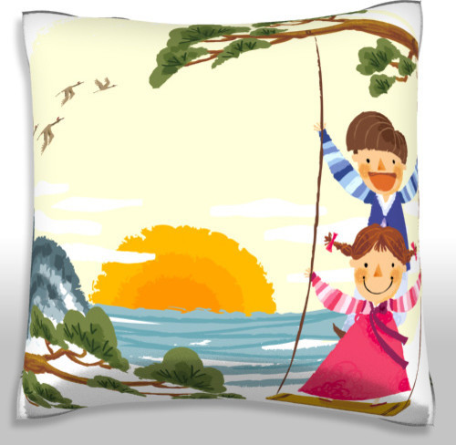 Children on Swing. Polyester Velour Throw Pillow