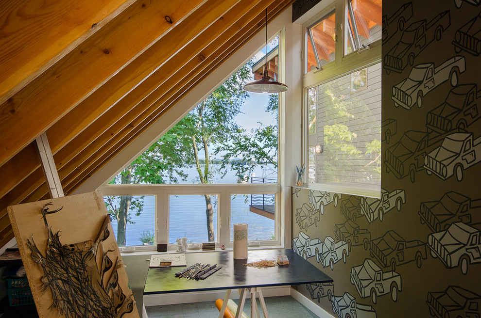 Design ideas for a small contemporary home studio in Burlington with multi-coloured walls and a freestanding desk.