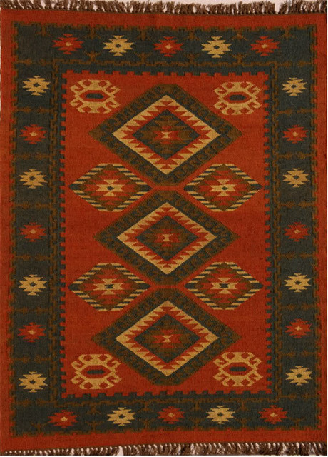 Handwoven Jute and Wool Diamond Rug, Red, Black, and Tan, 4'x6'