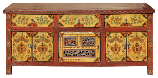 Chinese Tibetan Jewel Flower Graphic Low Credenza Shoes Cabinet