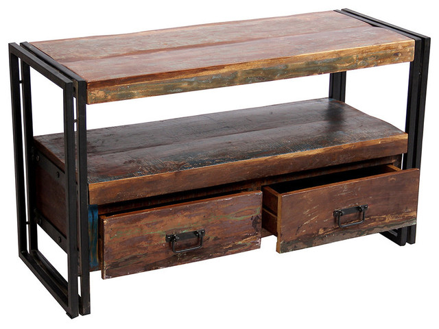 Old Reclaimed Wood Tv Cabinet With Double Drawers Industrial