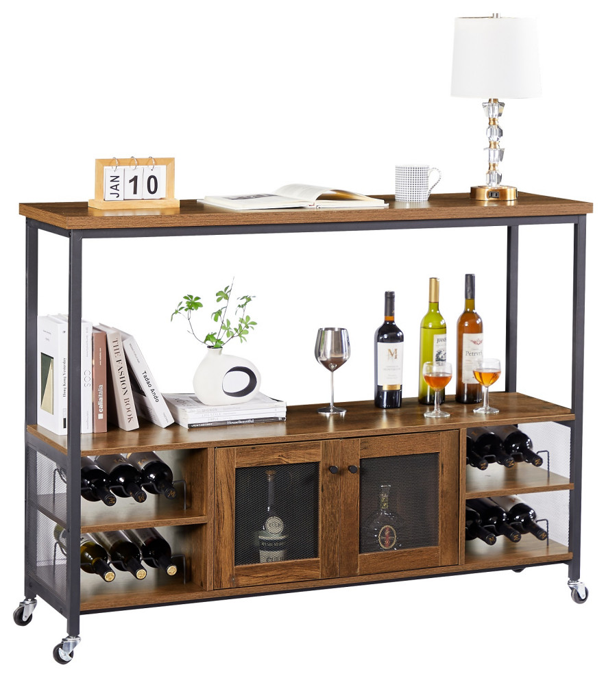 Multifunction Wine Shelf Table, Modern Wine Bar Hazelnut Brown