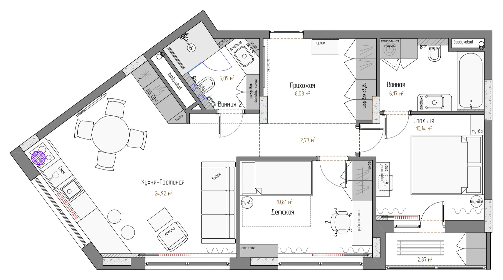 Поиск планировки: 4 плана + финал для квартиры с двумя... кухнями | Houzz  Россия