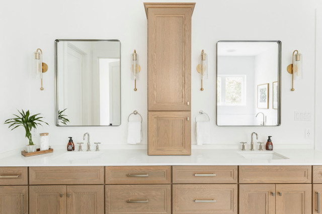 10 Bathrooms With White-and-Wood Double Vanities