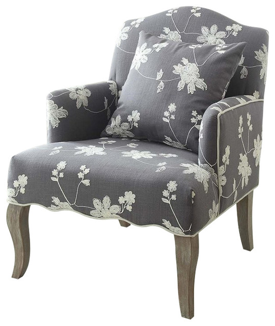 Linon Floral Embroidered Arm Chair in Gray Transitional Armchairs