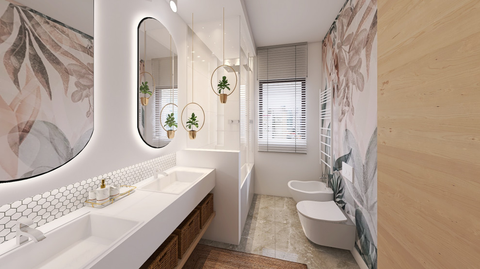 Inspiration for a mid-sized modern 3/4 bathroom in Other with flat-panel cabinets, light wood cabinets, a drop-in tub, a shower/bathtub combo, a wall-mount toilet, white tile, mosaic tile, marble floors, a drop-in sink, quartzite benchtops, grey floor, a sliding shower screen, white benchtops, a double vanity, a floating vanity and recessed.