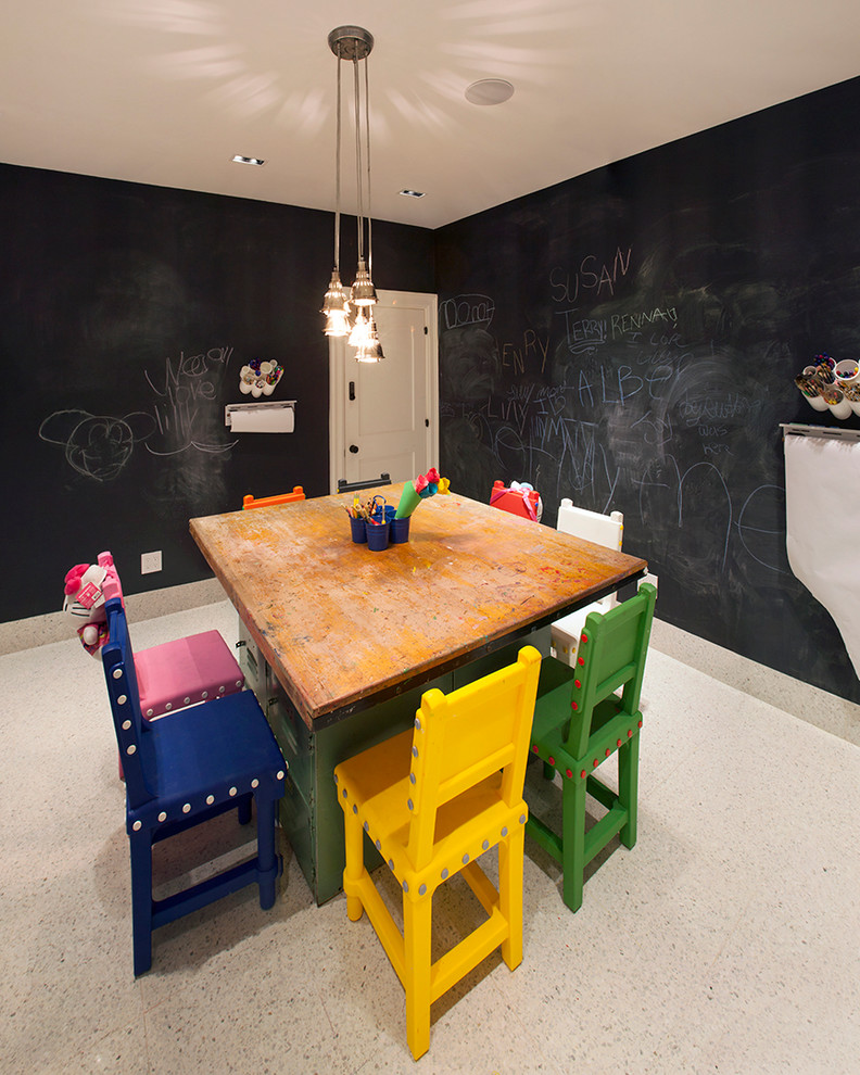 Design ideas for a small contemporary gender-neutral kids' playroom for kids 4-10 years old in New York with black walls and ceramic floors.