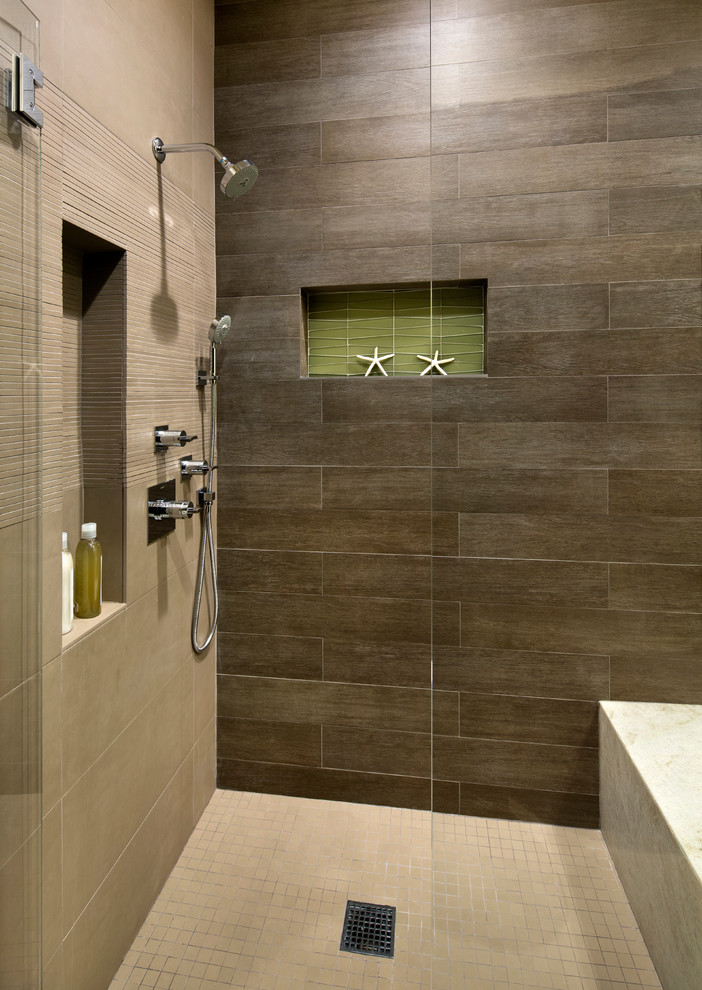 Design ideas for a beach style bathroom in San Francisco with a walk-in shower and beige tiles.