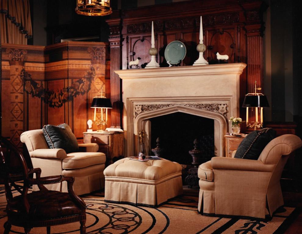 Example of a mid-sized ornate formal and enclosed medium tone wood floor and beige floor living room design in DC Metro with gray walls, a standard fireplace, a stone fireplace and no tv