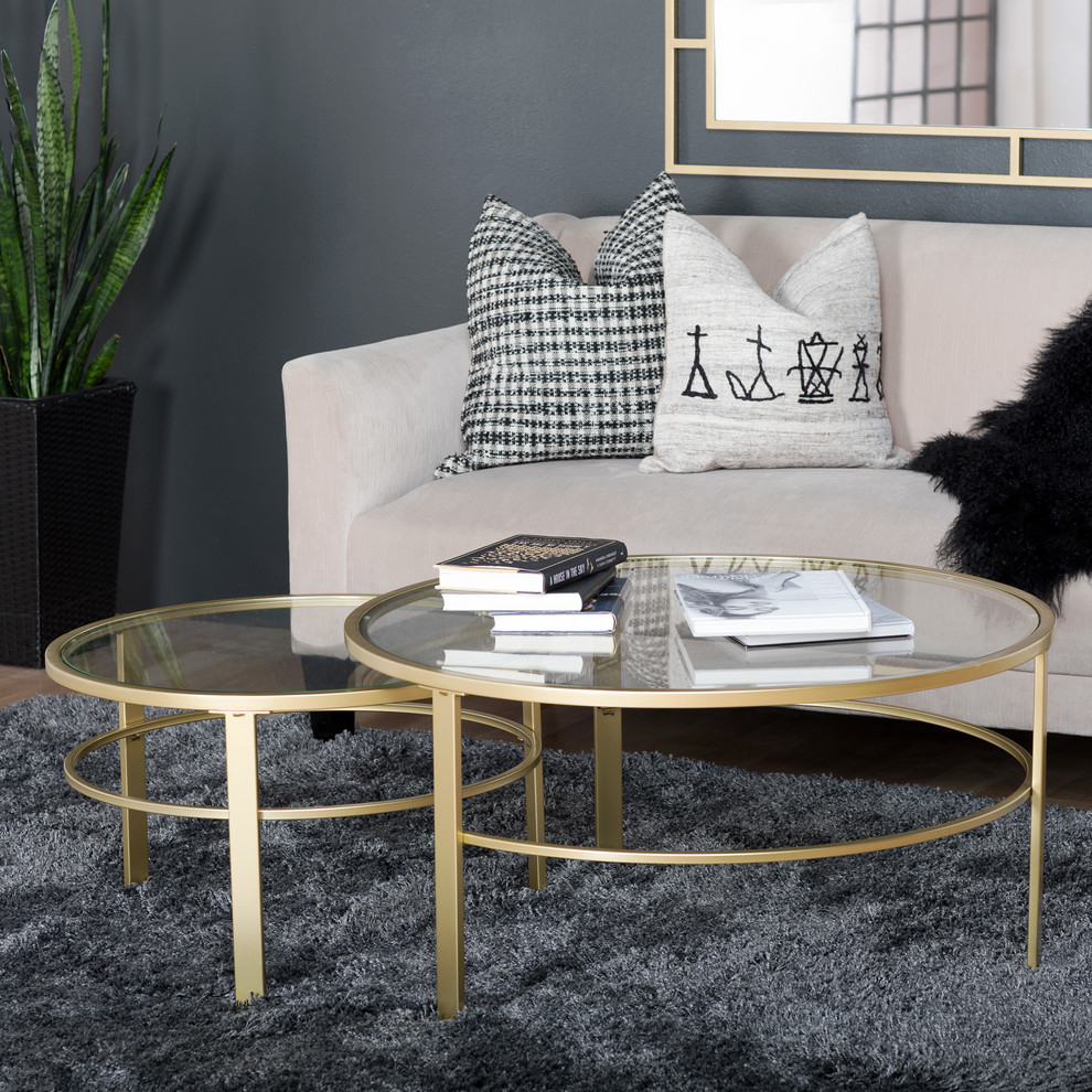 Corbel Modern Round Metal and Glass Nesting Coffee Table Set, Gold with