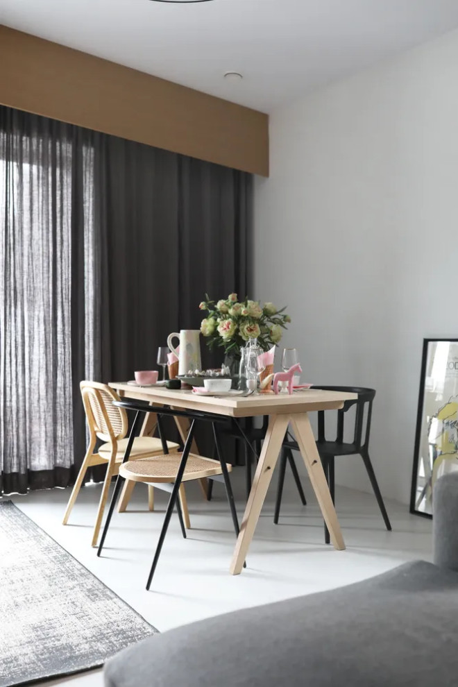 Small minimalist white floor breakfast nook photo with white walls
