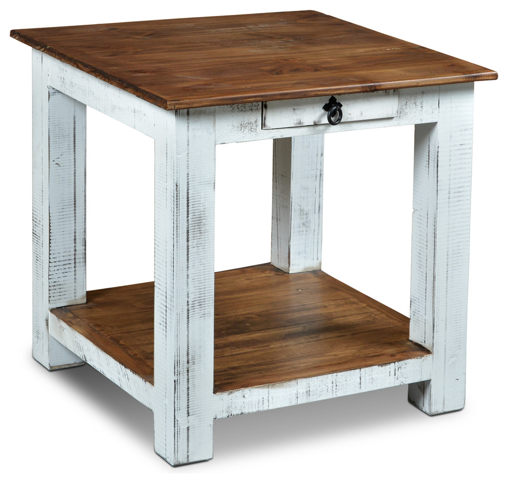 Rustic Solid Wood Distressed White 1Drawer End Table Farmhouse