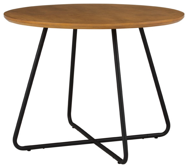 Modern Dining Table, Crossed Black Metal Base & Round English Oak Finished Top Industrial