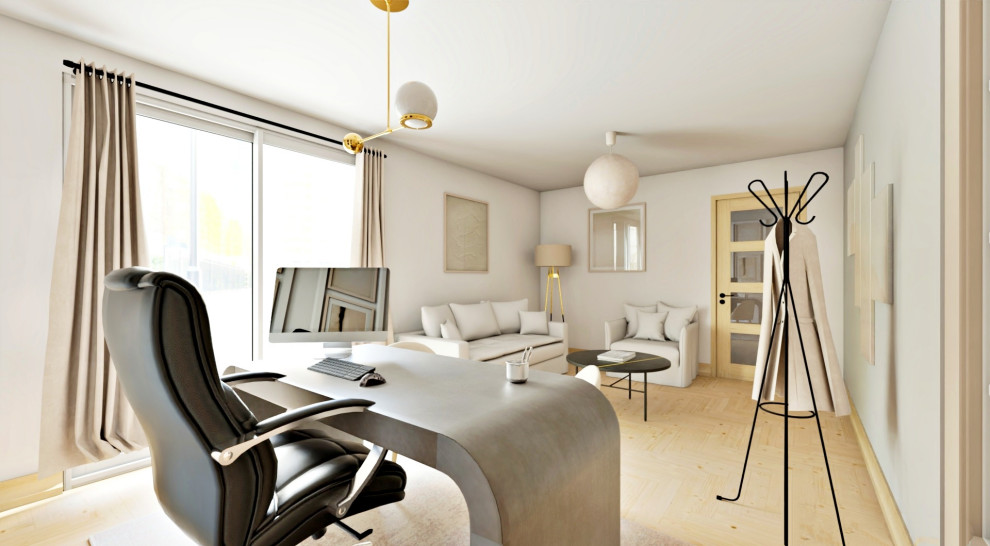 Foto di un ufficio moderno di medie dimensioni con pareti bianche, pavimento in laminato, nessun camino, scrivania autoportante e pavimento marrone