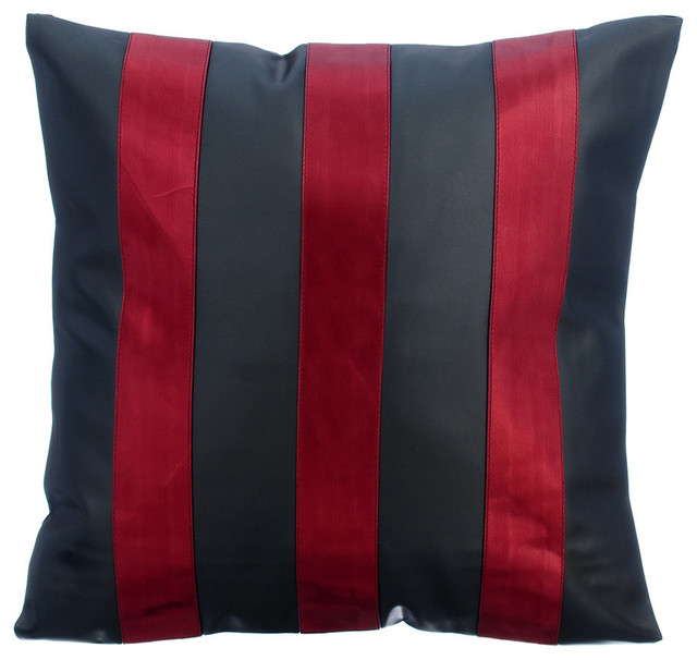 Metallic Faux Leather Stripes Black Pillows Cover Alternating Red