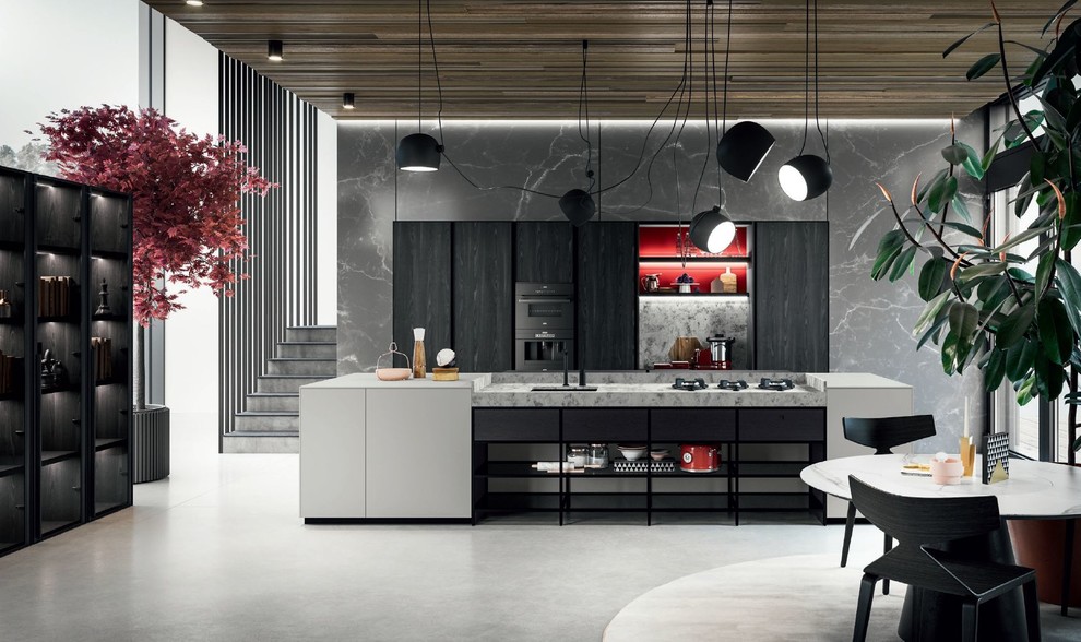 Mid-sized contemporary single-wall eat-in kitchen in San Francisco with an undermount sink, flat-panel cabinets, black cabinets, quartzite benchtops, grey splashback, stone slab splashback, black appliances, concrete floors, with island, grey floor and grey benchtop.