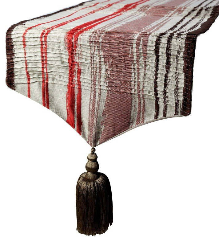 Decorative Table Runner Red Jacquard Silk, Tassels, Rory, 16"x90