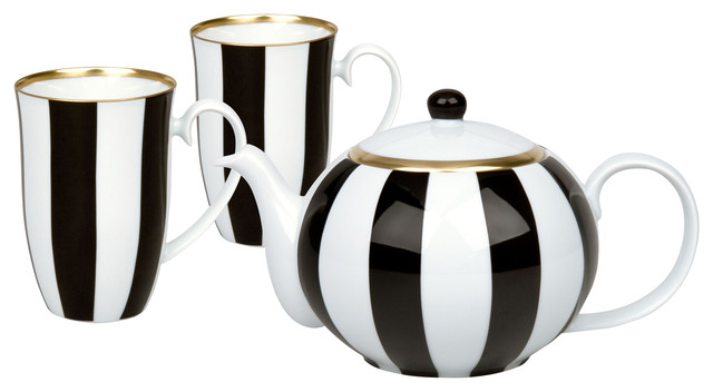 Black and White 3-Piece Teapot and Mugs Set, Stripes